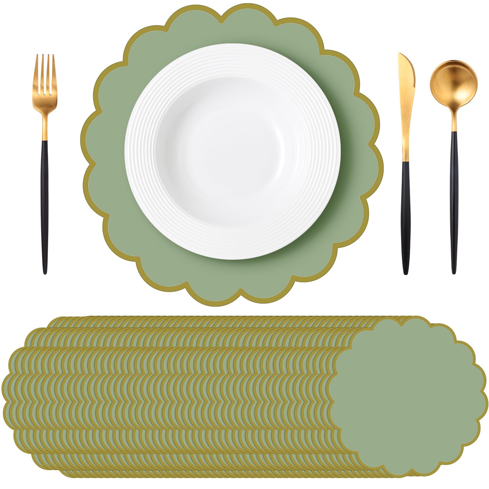 Photo 1 of Tinlade 50 Pcs Sage Green Paper Placemats, 13.5 Inch Disposable Scalloped Placemat, Decorative Round Table Place Mats for Birthday, Wedding, Bridal Shower, Baby Shower, Tea Party, Dining Tableware