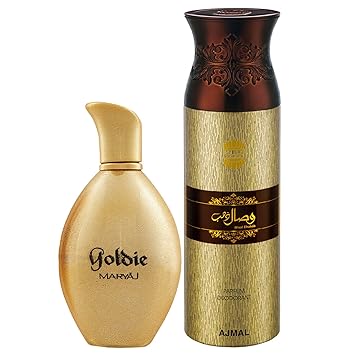 Maryaj Goldie Eau De Parfum Fruity Floral Perfume 100ml for Women and Ajmal Wisal Dhahab Deodorant Fruity Floral Fragrance 200ml for Men + 2 Parfum Testers FREE