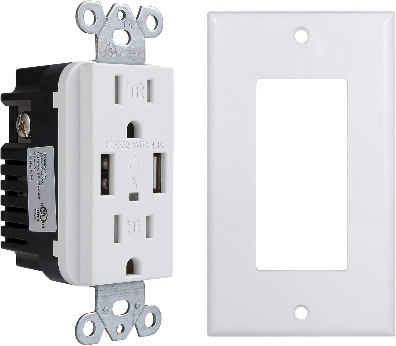 (Pack of 2) Two 4.8A USB Ports and Duplex Tamper Resistant Receptacle 15-Amp - White USB Charger Power Outlet - UL Listed High Speed Dual USB Electrical Wall Outlet - Wall Plate Included: Home Audio & Theater