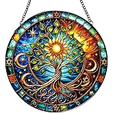 Tree of Life Stained Glass Window Hanging,7.87 Inch Sun Catcher Indoor Window Decorations Panel,Decor for Home,Garden,Festival,Mother’s Day,Housewarming Gift for Mom