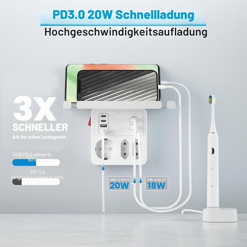 Mehrfachstecker für Steckdose USB C PD20W Schnellladung, mit Handy Ablage