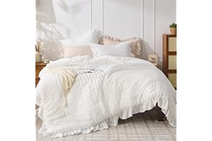 JOLLYVOGUE Queen Comforter Set, White Seersucker 3 Pieces Comforters Queen Size, Lightweight & Fluffy Bedding Sets for All Season with 1 Ruffle Comforter and 2 Ruffle Pillowshams