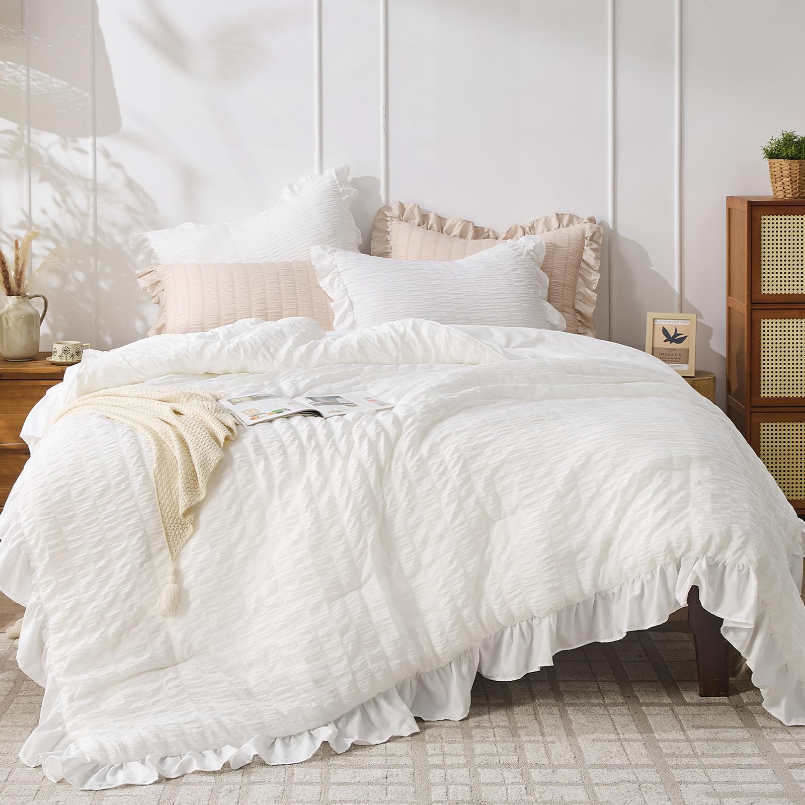 Photo 1 of **PARTIAL SET/MISSING SHAMS** JOLLYVOGUE White King Comforter Set, 3 Pieces Seersucker Comforters King Size, Lightweight & Fluffy Bedding Sets King for All Season with 1 Ruffle Comforter and 2 Ruffle Pillowshams