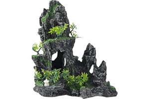 MC MEICHUANG Aquarium Decorations Large Mountain View Stone Rock Cave Resin Betta Shrimp Hideout Ornaments with Small Plants Fish Tank Decorations