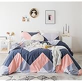 YuHeGuoJi Chevron Pattern Duvet Cover King 100% Cotton 3 Pcs Set 1 Modern Navy Geometric Diamond Print Duvet Cover with Zipper Ties 2 Pillowcases Neutral Blue Pink Striped Bedding Set Soft