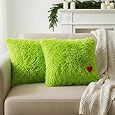 VitalCozy 2 Pcs Christmas Lime Green Throw Pillow Cover 18x18 Inch Decorative Whimsical Xmas Faux Fur Pillowcases with Zipper Closure Plush Soft Lime Green Fuzzy Decor for Christmas Couch Sofa(Cute)