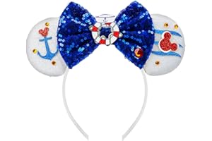 LYLIN Cruise Mouse Ears Headbands, Princess Mouse Ears with Sequin Bow for Women Kids, Sparkle Park Ears Hair Accessories for Birthday Parties Cosplay Accessories Party Decorations(Blue Seaman)