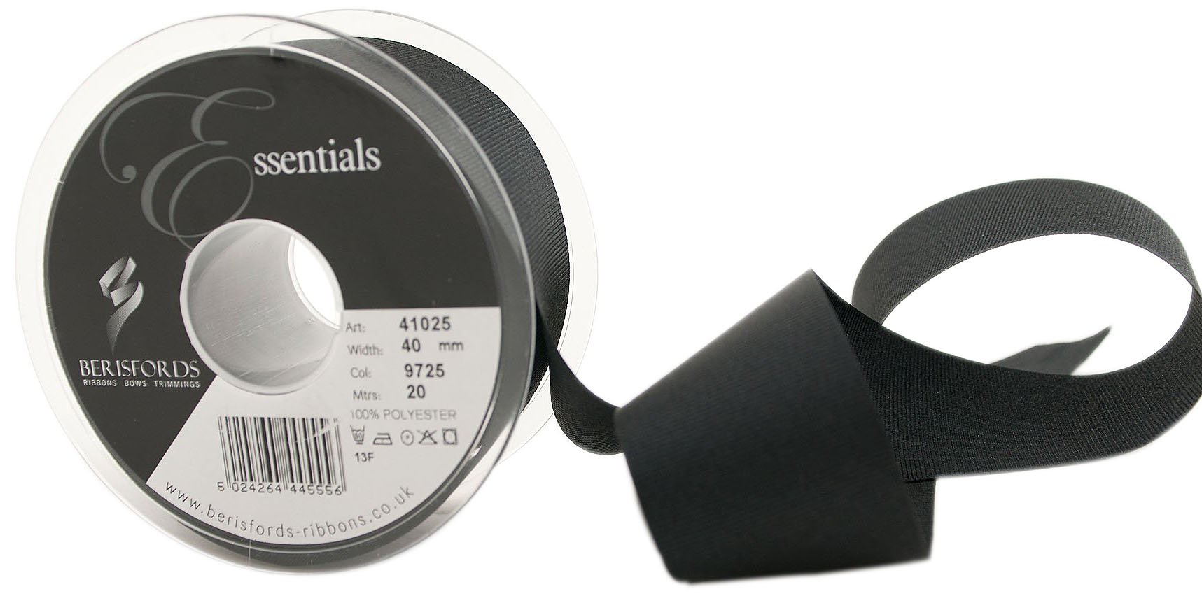 Berisfords 41025 20 m x 40 mm Polyester Grosgrain Ribbon, Black