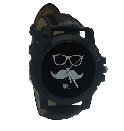 Mooch Black Dial Watch with Leather Strap and White Needle Mens Watch