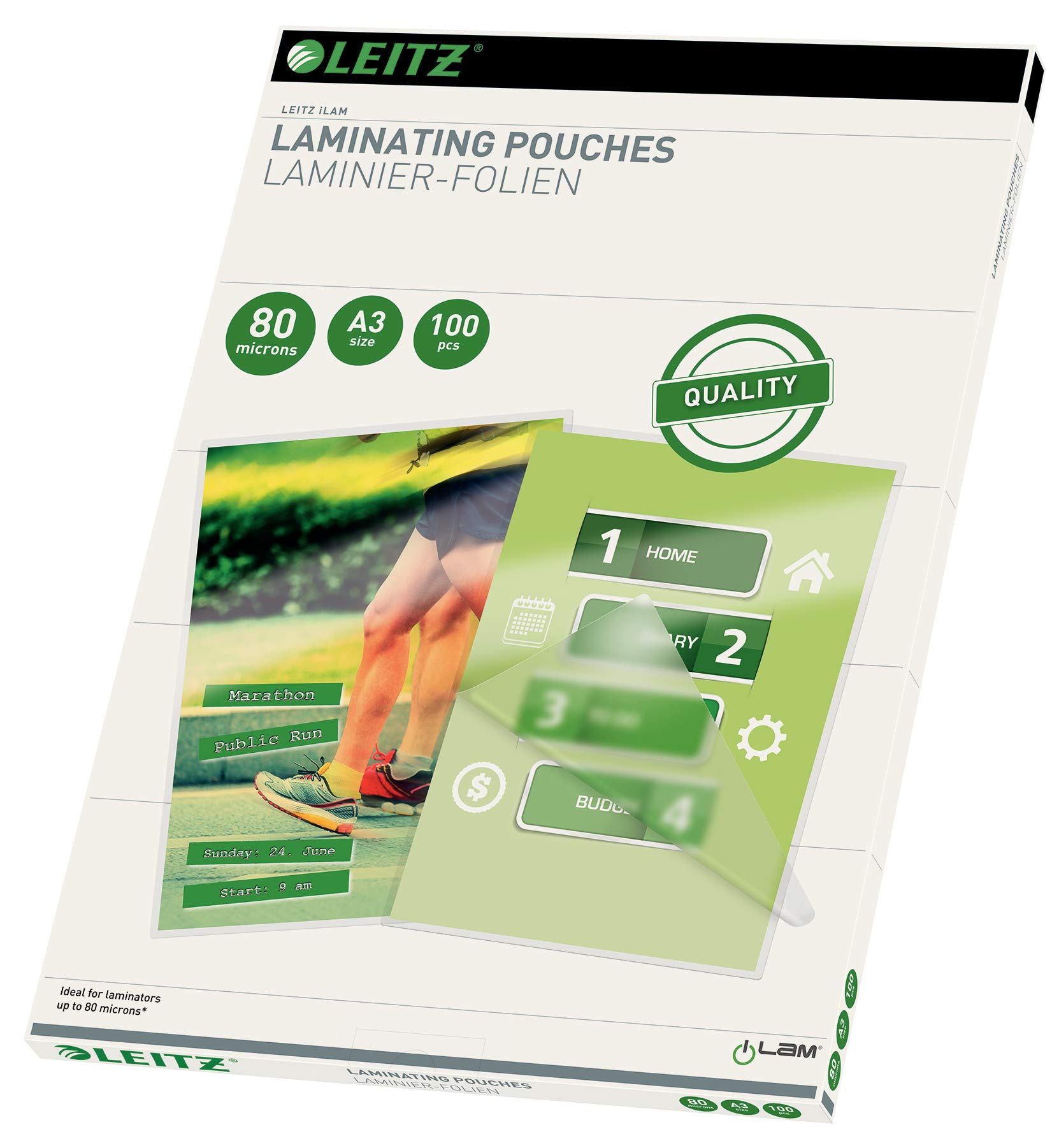Leitz 33819 Laminating Pouches Made of 80 Micron Thick Material (Transparent, Glossy, A3) - Pack of 100