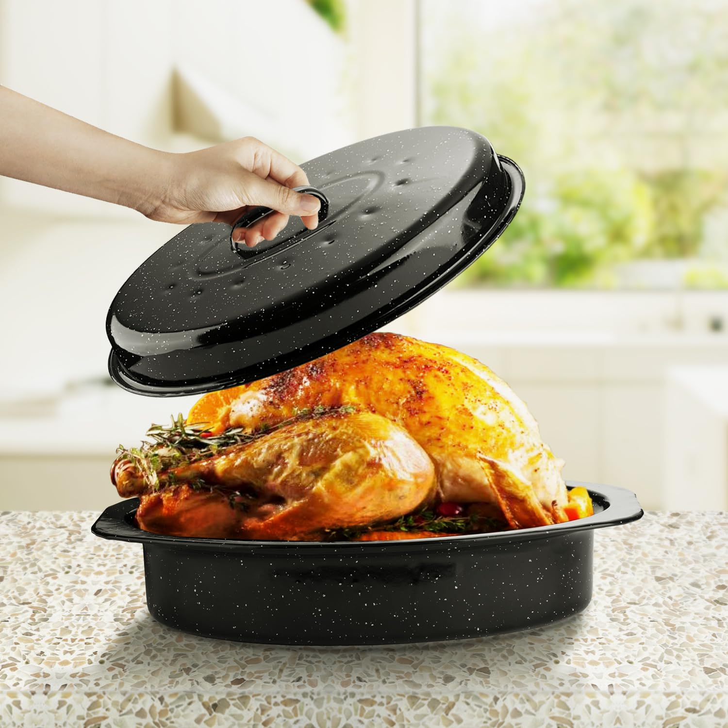 DIMESHY 13Inch Roasting Pan, Enamel on Steel, Black Covered Oval Roaster Pan with Lid, Small Cookware for Turkey, Small Chicken, Roast Baking Pan.