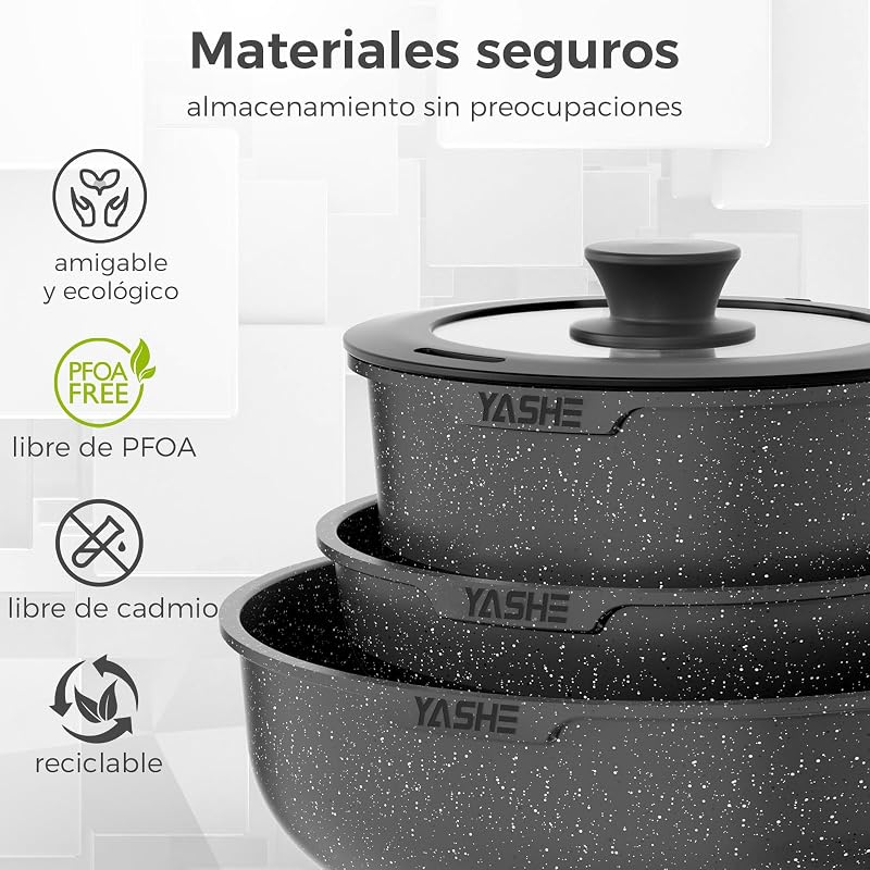 Conjunto de panelas e frigideiras 15 peças, revestimento em granito antiaderente, pegas amovíveis, empilháveis, fáceis de limpar, compatível com indução, fogão a gás e cerâmico, branco