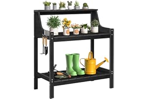 ONBRILL Potting Bench, HDPS Potting Bench with 4 Side Hooks, All-Weather Garden Table Work Station, Outdoor Potting Table for Porch, No Rust, No Fade, No Break, 360lbs Capacity (Black, Large)
