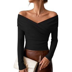 ZESICA Womens 2026 Fall Long Sleeve Off Shoulder Y2K Going Out Tops | Slim Fit, Cute Tops, Sexy Date Night Outfits, Wrap Conc