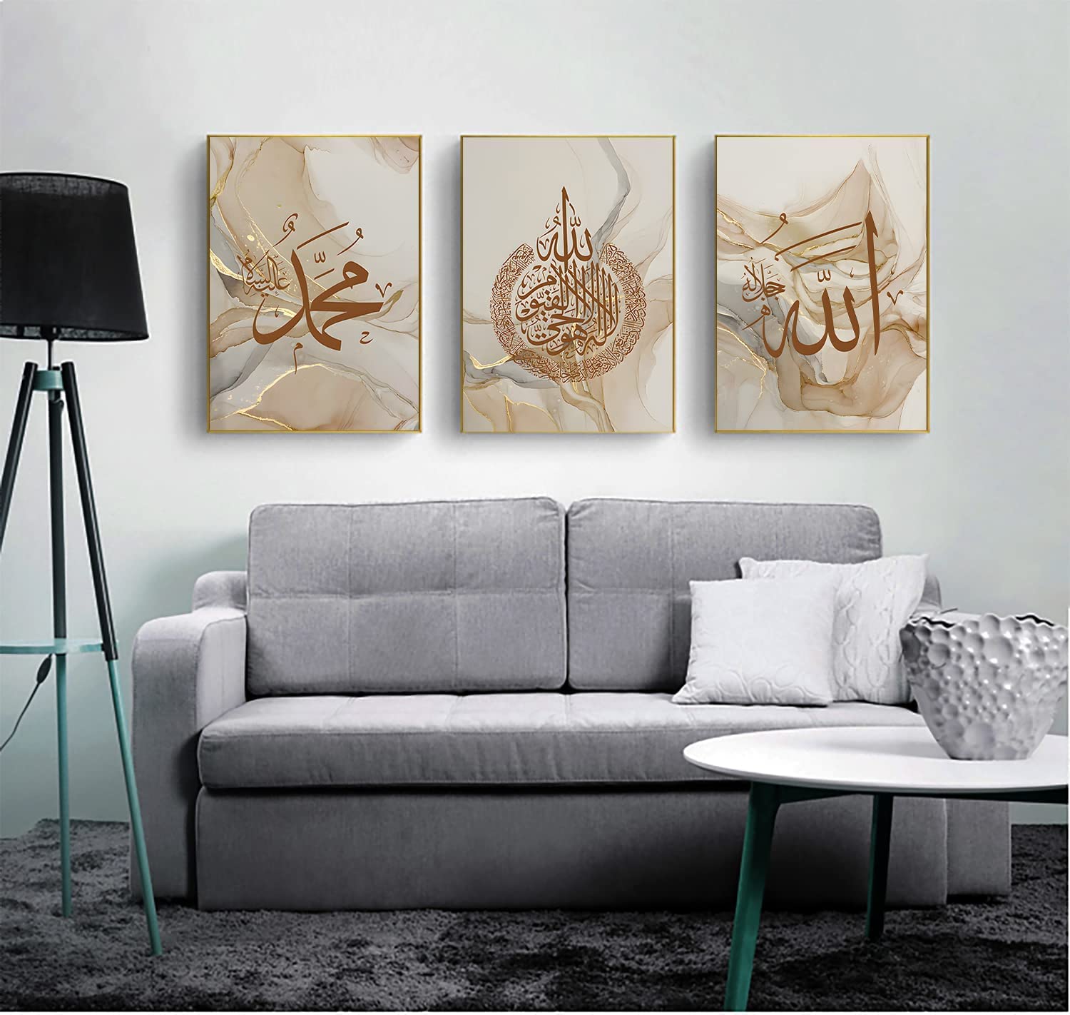 LYBOHO Islamic Arabic Calligraphy Canvas Painting, Silver Marble Background Allah Islamic Quotes Poster Canvas Painting Pictures Decoration, No Frame (Islam - Golden 2, 3PCS-50x70cm)