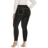 ELISS Women's Plus Size Jeans Look Jeggings Stretch High Waisted Denim Skinny Pull-on Leggings with Pockets (1X-4X)