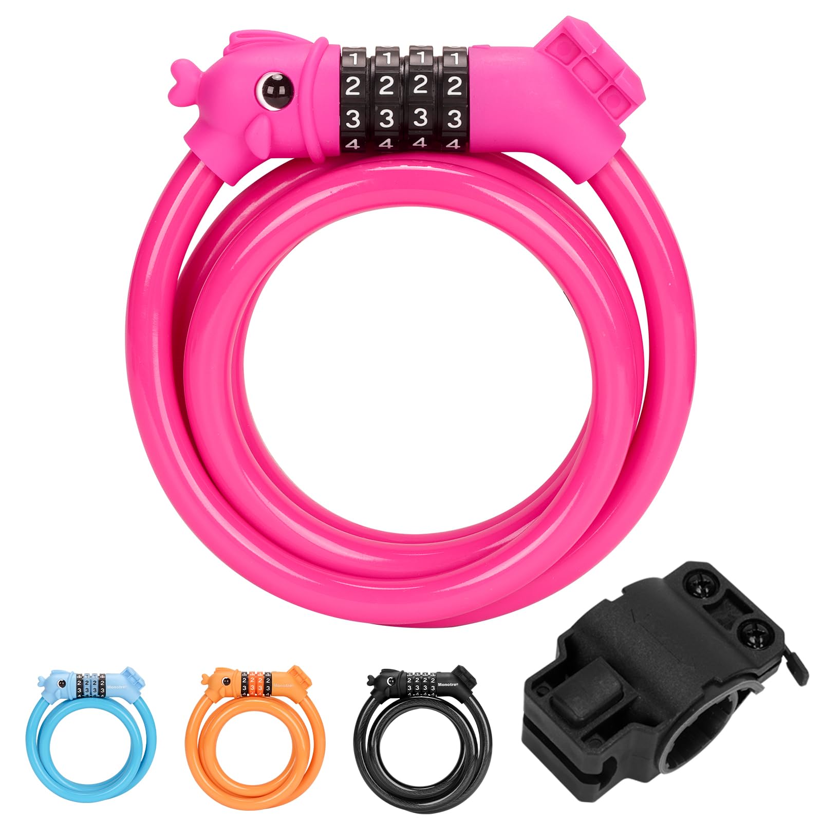 Photo 1 of Monotre Bike Lock, 3.9 Feet 4-Digit Resettable Combination Password Anti-Theft Cable Lock, Cute Coiled Bike Lock with Mounting Bracket, Suitable for Bicycles, Electric Scooters, Ebikes (Pink-10mm)