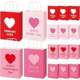 Kolldenn 24 Pcs Valentines Day Gift Bags Bulk – Heart Paper Bags with Handles Jesus Loves You Goody Storage for Valentines Wedding Religious Church Party Favors Wrapping Supplie