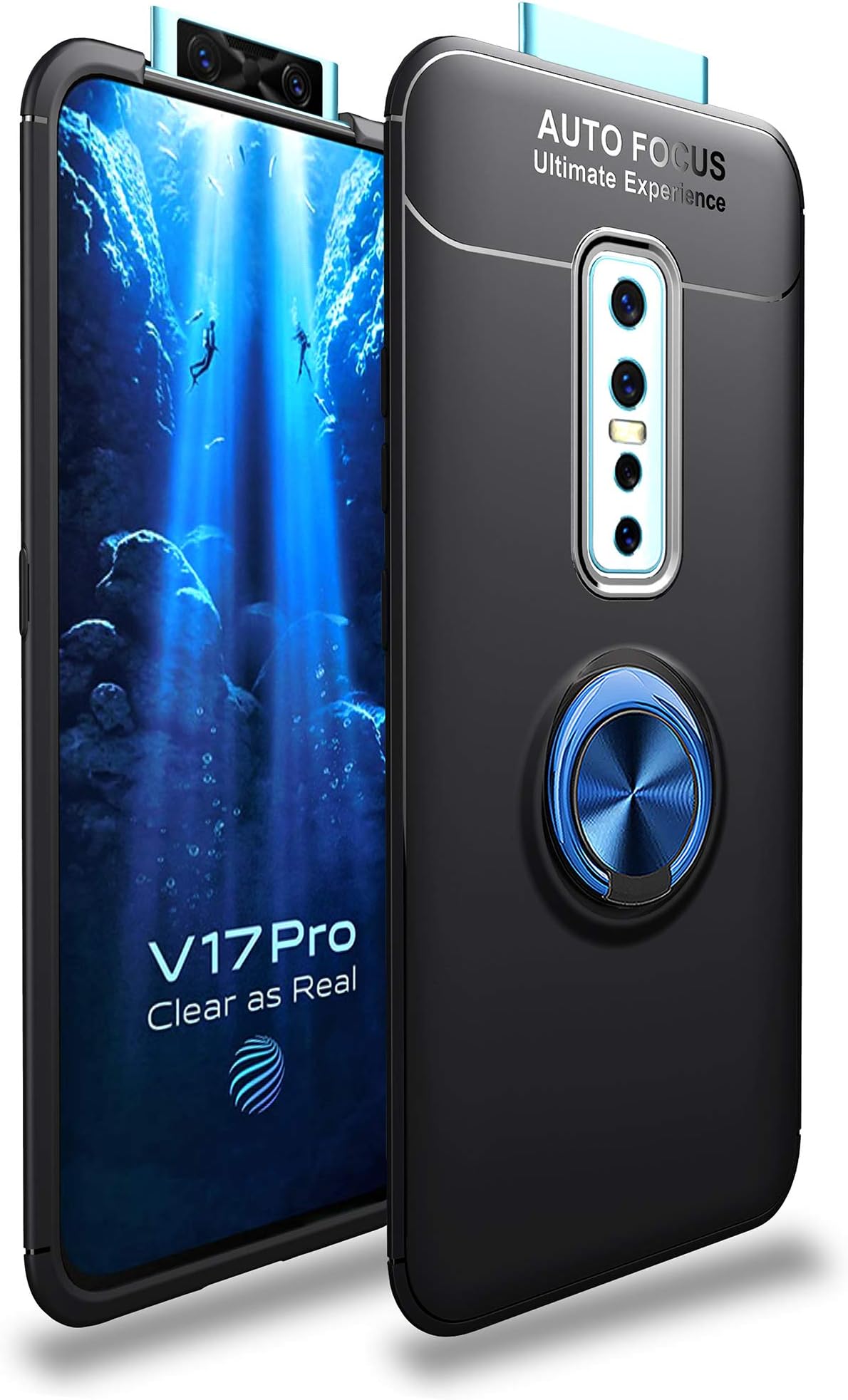 TaiY [360 Degree Swivel Invisible Matal Ring Bracket[Magnetic Support] Shockproof Anti-Scratch Ultra-Slim Protective Cover Case for Vivo V17 Pro - Black Blue