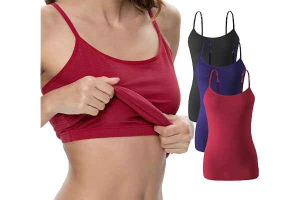 ROSYLINE Womens Camisole with Shelf Bra Cotton Undershirts Adjustable Strap Camis Spaghetti Strap Tank Top 3 Pack