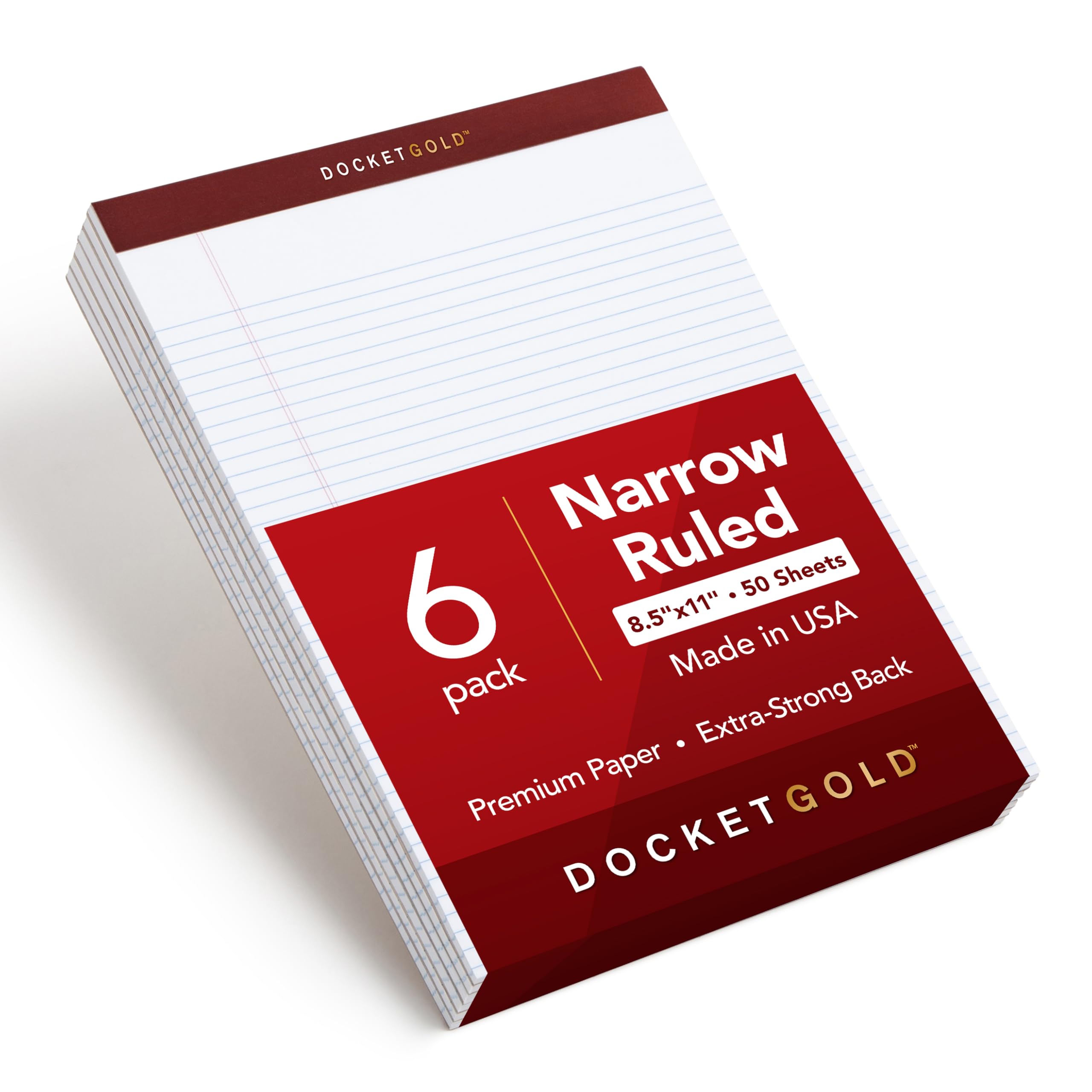 Tops Docket Gold Writing Tablet, 8-1/2 x 11-3/4 Inches, Perforated, White, Narrow Rule, 50 Sheets per Pad, 6 Pads per Pack (63942)