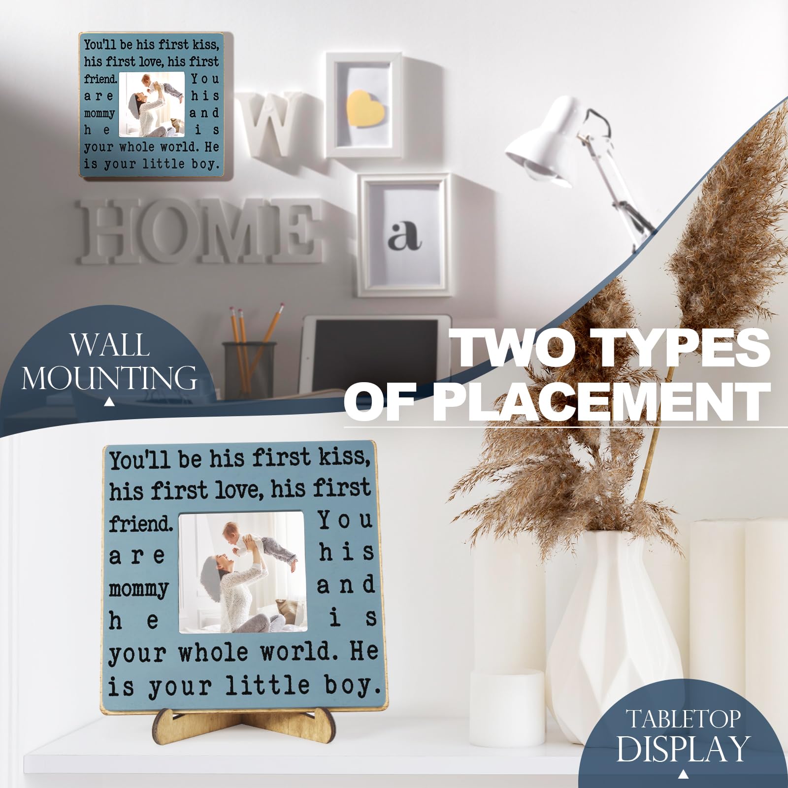 THYGIFTREE New Mom Gifts for Women, Mothers Day Gifts from Son | Boy Mom Picture Frame, Sentimental Birthday Gift for Mom | Fits 4x4 Photo, Rustic Farmhouse Home & Desk Decor