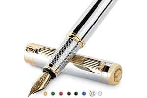 Scriveiner Silver Chrome Fountain Pen - Stunning Luxury Pen, Real Gold Finish, Schmidt Gilded Nib (Fine), Best Gift Set for Men & Women Professional Executive Office Fancy Nice Designer Pen