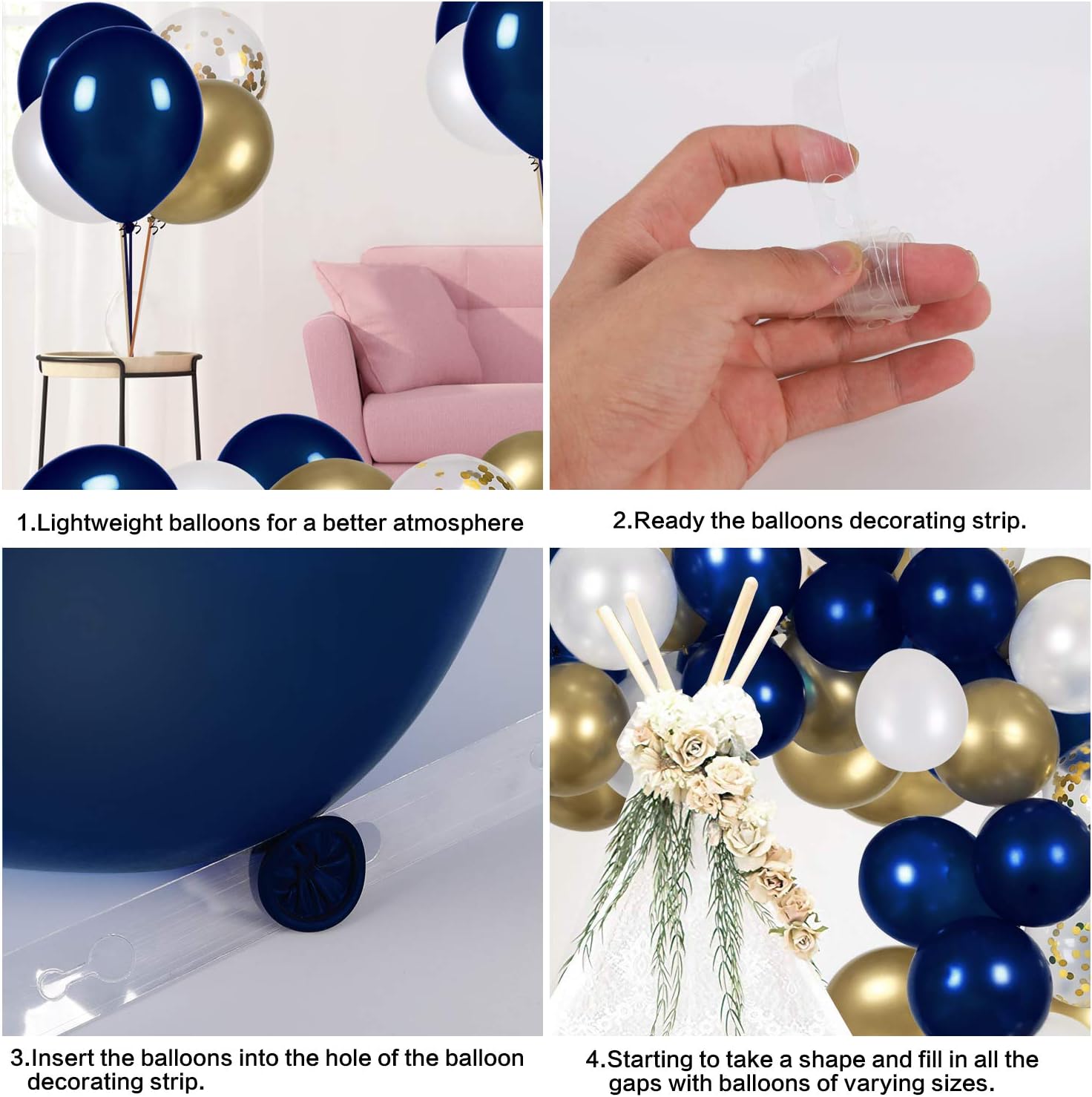 Navy Blue and Gold Confetti Balloons Party Decoration Supplies 70pcs 12 inch Gold Metallic Pearl White Balloons for Navy Party, Baby Shower, Wedding, Graduation, Bachelorette, Birthday Decorations, with 2 Balloon Strips, 2 Foil Ribbon: Toys & Games
