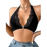 OYOANGLE Women's Lace Bralette Halter Neck Trim Front Closure Lace Bra Wireless Backless Knitted Casual Everyday Bras