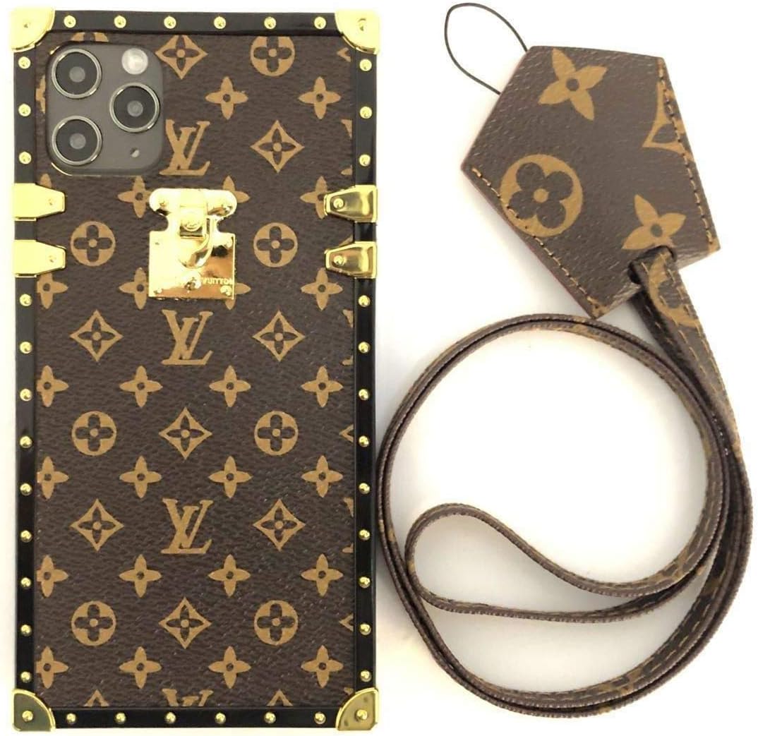 Trunk Phone Cases for iPhone 11 Pro,Brown Monogram Designer Elegant Luxury Style PU Leather Fashion Stylish Cover Case with Lanyard Compatible with iPhone 11Pro(5.8Inch)