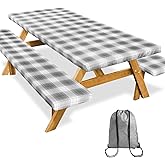 SiorVeol Picnic Table Cover with Bench Covers 72in Camping Essentials Reusable Waterproof Windproof Camping Tablecloth Fitted Rectangle Tables and Seats, Gray Plaid