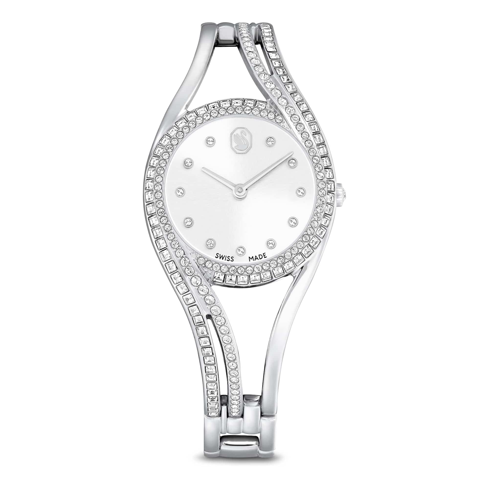 Swarovski Hyperbola Bangle Watch, Swiss-Made & Water-Resistant Stainless Steel Wristwatch, Silver-Tone Finish with Clear Crystals & Metal Bracelet Strap, Part of The Hyperbola Collection