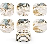 UMIRRO Ceramic Stone Coasters for Drinks Absorbent with Holder for Wooden Coffee Table Decor, Stoneware Cup Coasters for Iced Cold or Hot Drinks, Rustic Retro Boho Style, Gold, 4" Set of 6