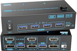 DXCHIP 8K Displayport 1.4 + HDMI 2.1 Dual Monitor KVM Switch 2 Monitors 2 Computers 2 in 2 Out 2 Ports KVM Switches Max Support 8K@60Hz/4K@144Hz for 2 PCs Share 2 Screens and 4 USB 3.0 Devices
