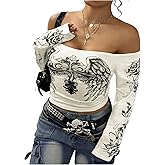 Floerns Women's Plus Size Off The Shoulder T Shirts Long Sleeve Punk Graphic Tees