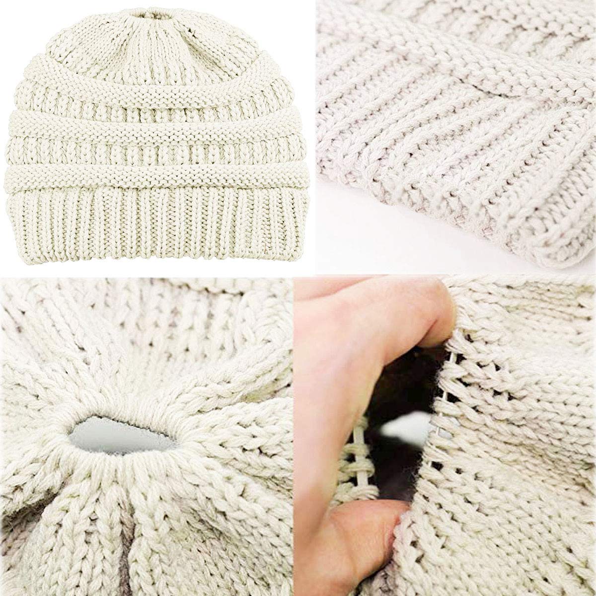 A-Rainbow Beige Winter Cable Knit Ponytail Beanie Soft Stretch Messy High Bun Hat Cap for Women