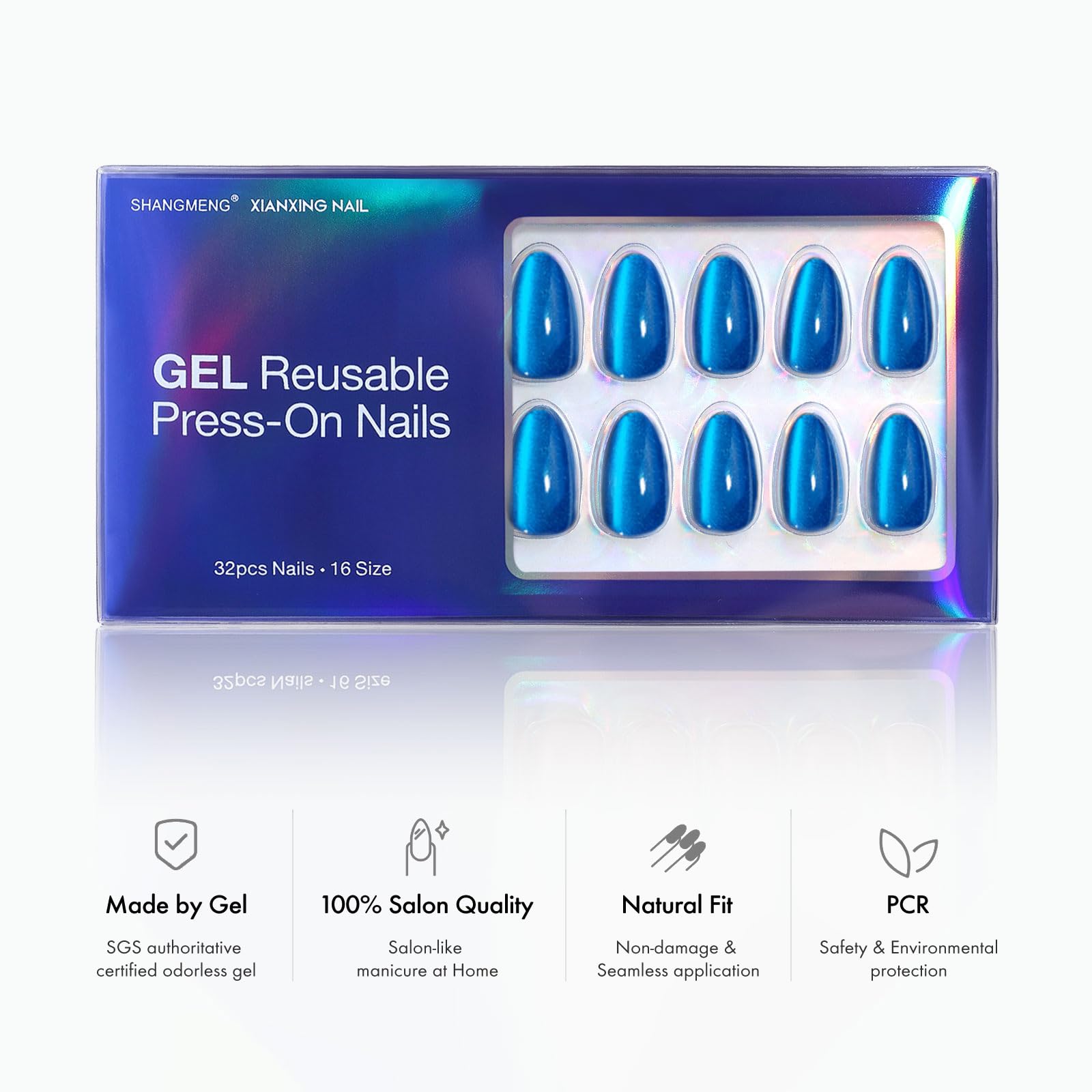 SHANGMENG Cat Eye Blue Press on Nails Almond - Soft Gel Press on Nails Short for Women Gift, Fit Perfectly & Natural Stick on Nails with Glue in 16 Sizes - 32 Reusable Fake Nails, Klein Blue - Image 4