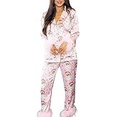 SOLILOQUY Women Feather Trim Silk Satin Pajama Set Christmas Button Up Long Sleeve Top and Pants Outfit Sleepwear Loungewear
