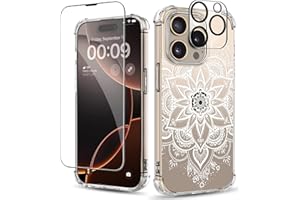ilnehc for iPhone 16 Pro Max Case,[3 in 1] with Screen Protector & Camera Lens Protector, Flower Pattern Design,Clear Soft Shockproof Slim Floral Phone Cover for Women Girls 2024 6.9"(Mandala)