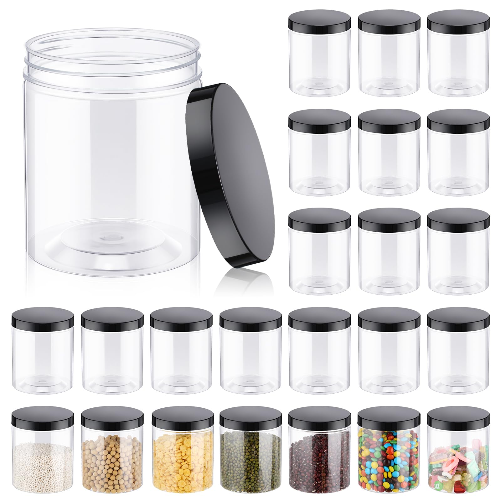 Photo 1 of Irenare 24 Pcs 16 oz Plastic Jars with Lids Clear Plastic Containers Wide Mouth Food Mason Jars Airtight Storage Containers for Cake, Dried Fruit, Honey, Nuts, Carft, Scrub Cream(Black Lids)