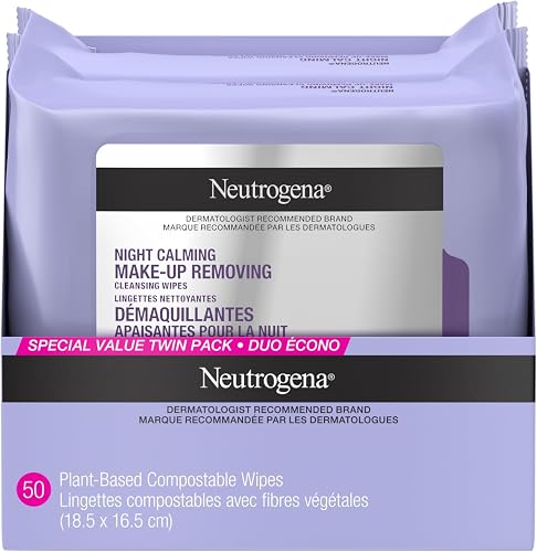 Neutrogena Night Calming Makeup Remover Face Wipes, 100% Plant-Based Cloth Hypoallergenic Nighttime Cleansing Towelettes, Remove Waterproof Makeup, Dirt & Oil, Dermatologist Tested, 50 Count (2 x 25 Count)