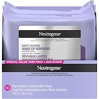 Neutrogena Night Calming Makeup Remover Face Wipes, 100% Plant-Based Cloth Hypoallergenic Nighttime Cleansing Towelettes, Rem