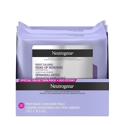 Neutrogena Night Calming Makeup Remover Face Wipes, 100% Plant-Based Cloth Hypoallergenic Nighttime Cleansing Towelettes, Remove Waterproof Makeup, Dirt & Oil, Dermatologist Tested, 50 Count (2 x 25 Count)