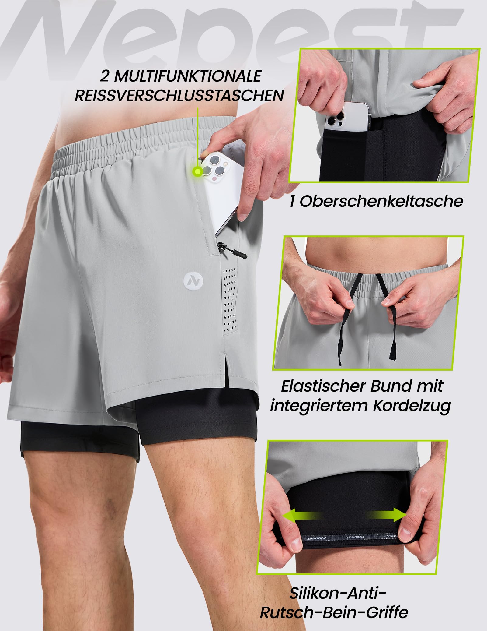 Nepest Mountainbike Hose Herren Kurz MTB Shorts Polster Radfahrerhose Herren Mit Tasche Fahrradhose Helles Grau,M 3