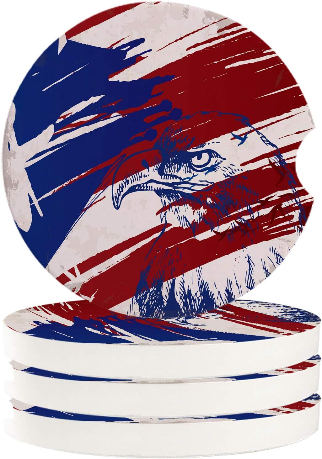 Car Drinks Coasters American Flag Patriotic Eagle Round Coaster Car Accessories with Absorbent Ceramic Stone&Finger Notch for Easy Removal (Set of 4 Pack)