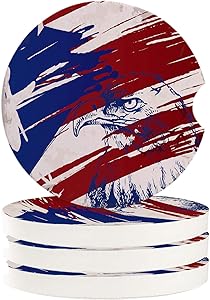 Car Drinks Coasters American Flag Patriotic Eagle Round Coaster Car Accessories with Absorbent Ceramic Stone&Finger Notch for Easy Removal (Set of 4 Pack)