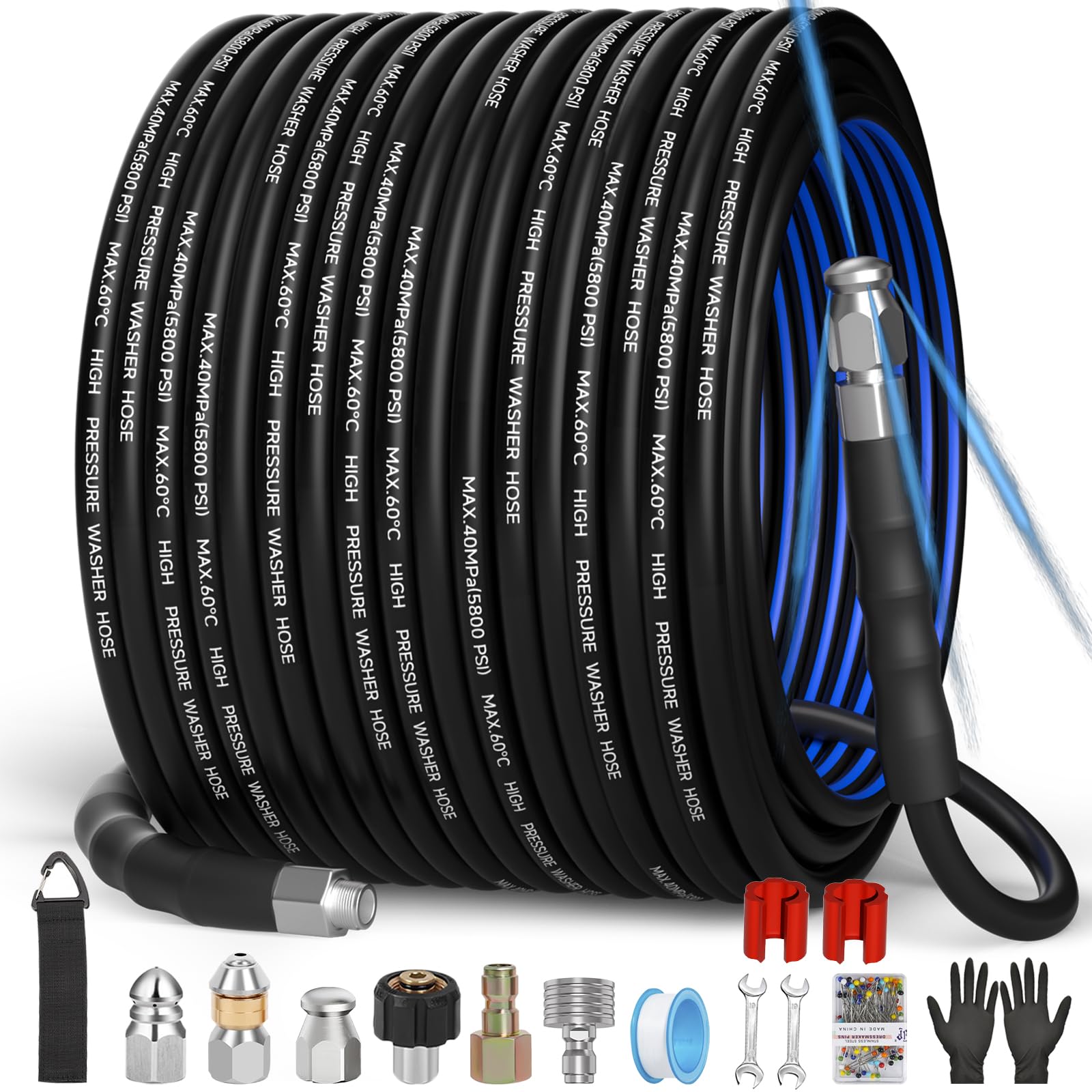 Photo 1 of VIVIDWASH Sewer Jetter Kit for Pressure Washer(50FT),1/4" NPT Drain Cleaner Hose 5800PSI with 3 Sewer Jet Nozzles?Pearl Corsage Pin?Marking Ring,Spray Nozzle?Teflon Tape&Gloves