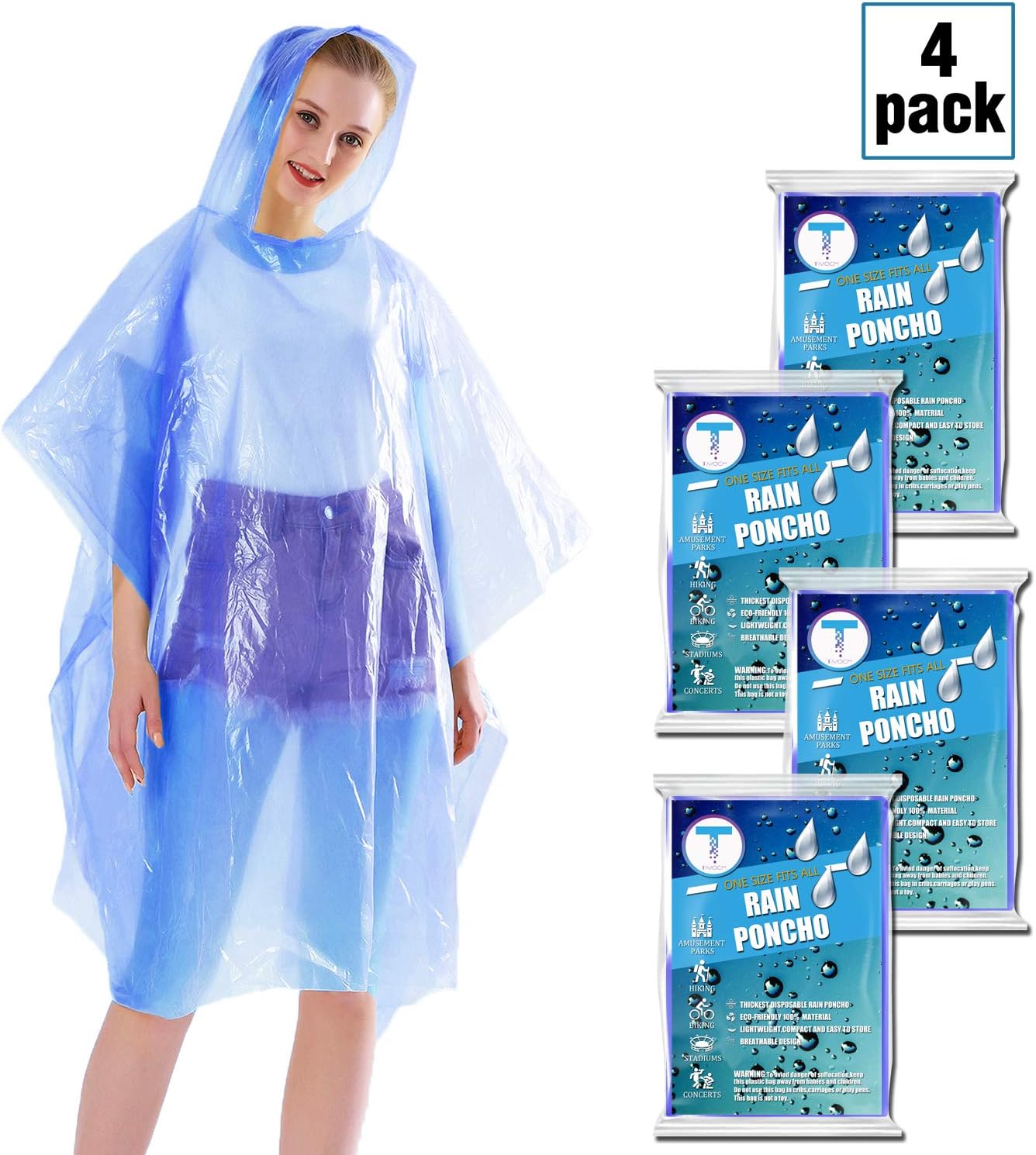 Disposable Rain Ponchos for Adults by(6 Pack) Including Drawstring Hood and Premium Quality 50% Thicker Material 100% Waterproof Emergency Rain Ponchos for Kids-Clear White