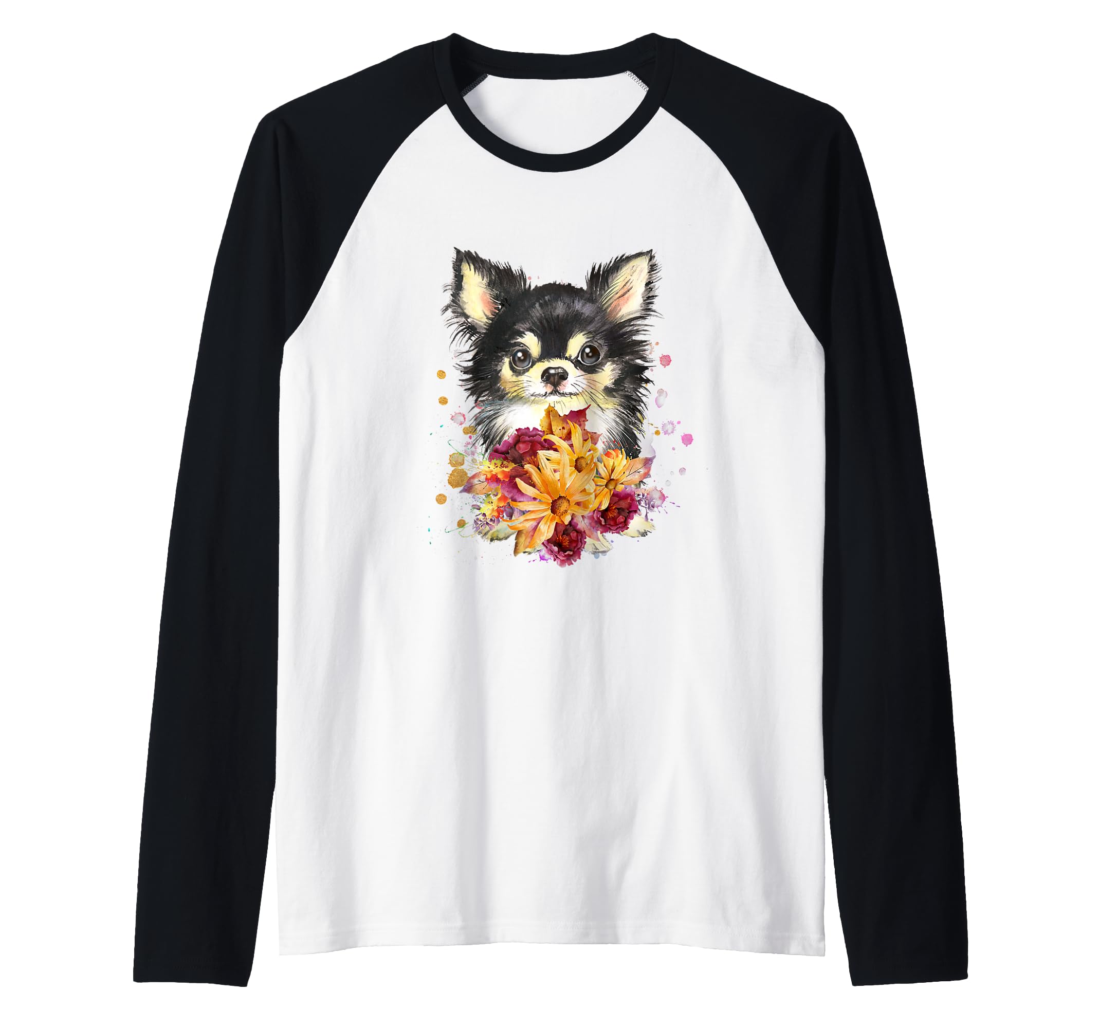 Cute Chihuahua Puppy, Flowers, and Splatter Dog Raglan Baseball Tee