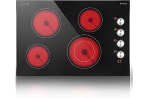 Karinear Electric Cooktop 30 Inch, 4 Burners Electric Stove Top, 30" Knob Control Built-in Radiant Ceramic Cooktop, 6700W, 220~240V Hard Wire(Silver Knob)